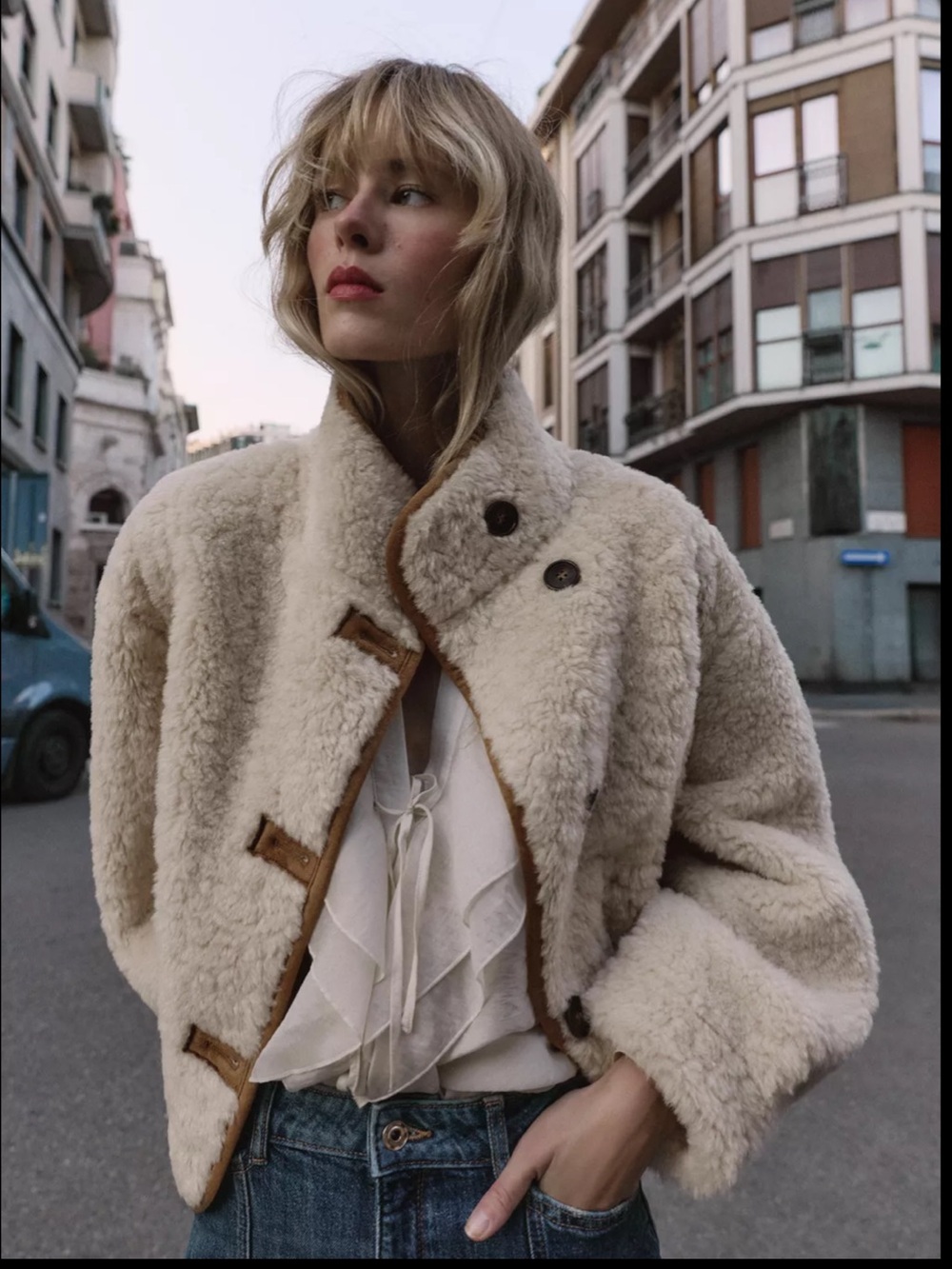 Zara Camel Faux Suede Shearling-Trim Reversible Jacket